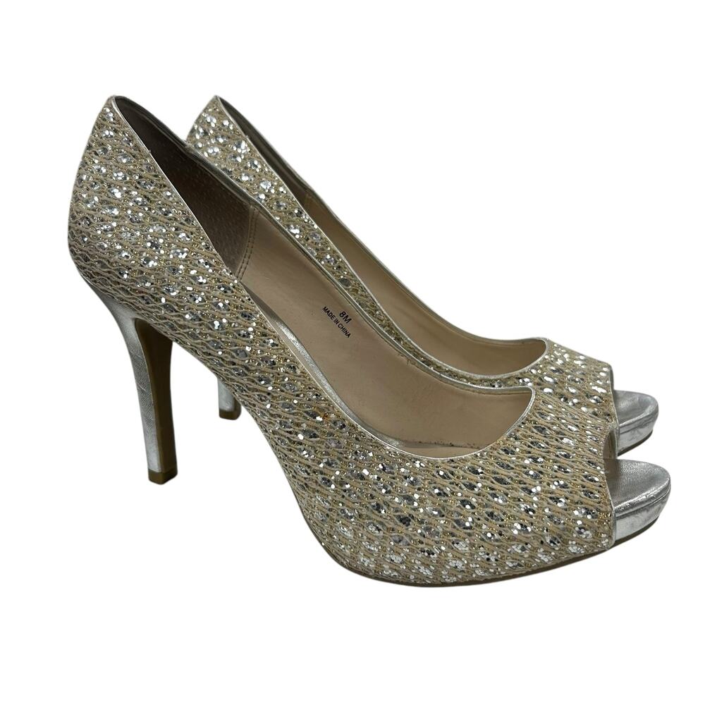 Coach And Four Gold Silver Sequin Sparkle Open Toe Heels Womens 8 AS IS